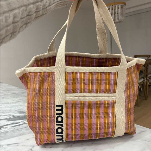 Isabel Marant Handbags - Isabel Marant Pink & Orange Plaid Canvas Tote with Cream Straps